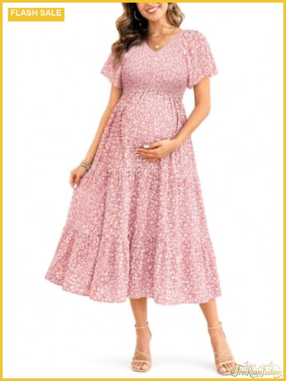Maternity Midi A-Line Dress V-Neck Flutter Sleeve Smocked Baby Shower